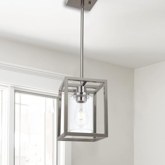 VINLUZ Contemporary Pendant Lighting,Single 1 Light Brushed Nickel Cage Hanging Light with Clear Glass Shade for Kitchen Island Entryway Dining Room Hallway Porch