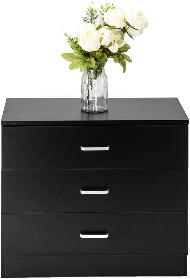 Black Night Stand, Bedside Table/Nightstand with 3 Drawers, Compact Side Table for Bedroom, College Dorm & Living Room, Wooden End Table Bedroom