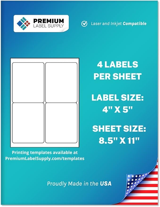 Premium Label Supply White Sticker Shipping Labels – 4" x 5" – Laser/Inkjet Compatible – (4 per Sheet), 100 Sheets - 400 Total Adhesive Labels
