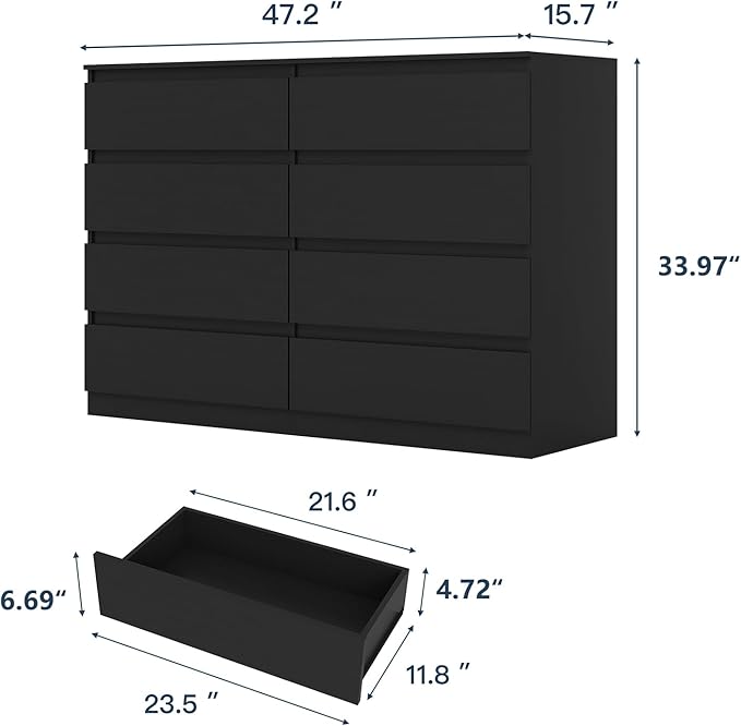 Black Dresser for Bedroom,Modern Large 8 Drawer Dresser with Deep Drawer,Wide Storage Chest of Drawer, Bedroom Storage Furniture,TV Stand for Living Room