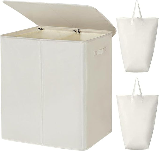 WOWLIVE 180L Double Laundry Hamper with Lid and Removable Laundry Bags, Large Dirty Clothes Hamper 2 section Collapsible Laundry Basket Dorm Room Storage for Bedroom, Bathroom, College,Beige
