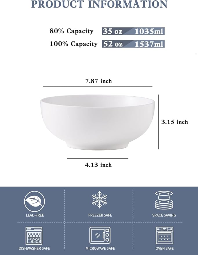 Kanwone Large Serving Bowls - 52 Ounce, Porcelain Salad Bowls, Pasta, Soup Bowls, Set of 2, Serving Dishes for Entertaining, Microwave and Dishwasher Safe, Matte White