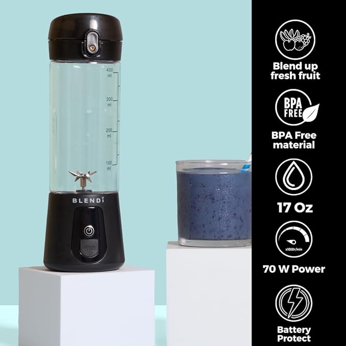 BLENDi Lite Portable Blender (17oz) – USB Rechargeable, Powerful 70W Motor for Smoothies, Protein Shakes & More – Compact, Travel-Friendly & BPA-Free (Black)