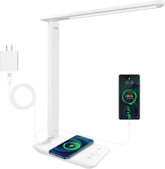karidi LED Desk Lamp with Wireless Charger, Dimmable Table Lamp Reading Lamp with USB Charging Port, 5 Lighting Modes, Sensitive Control, Foldable Portable Desk Light for Home Office Bedroom Reading