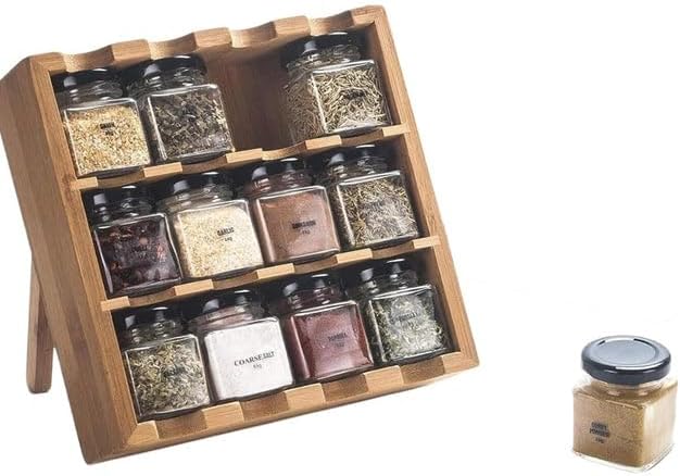 TILZ GEAR Wooden 3-Tier Spice Rack, 12 Filled Glass Jars, 12 Organic Spices Included, Brown