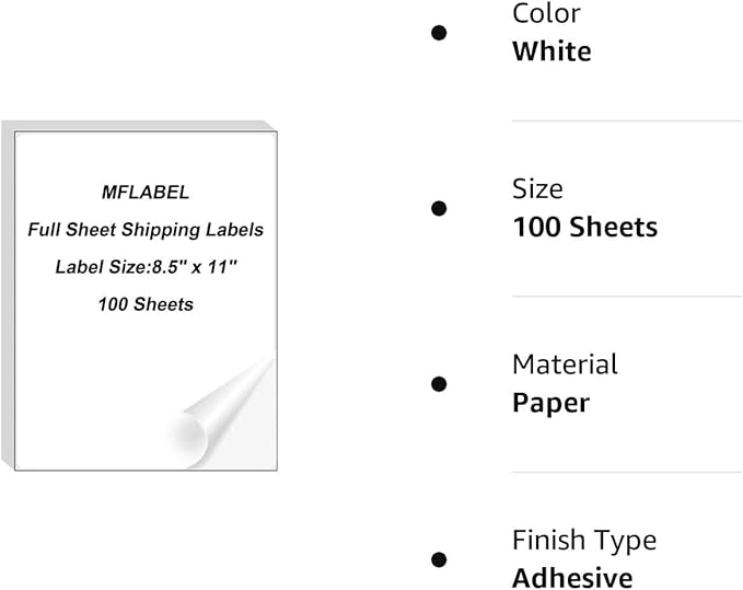 MFLABEL Full Sheet Sticker Label, Address Sticker, White Matte Label Paper, 8-1/2" x 11" Shipping Labels for Laser & Inkjet Printer (5000 Labels, 5000 Sheets)