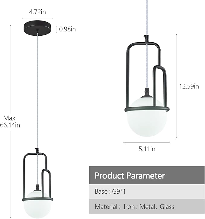 5 Inch Modern Black Pendant Light Globe Pendant Light Fixture Mid Century Pendant Lighting for Kitchen Island Dining Room Living Room Bedroom(2 Pack)