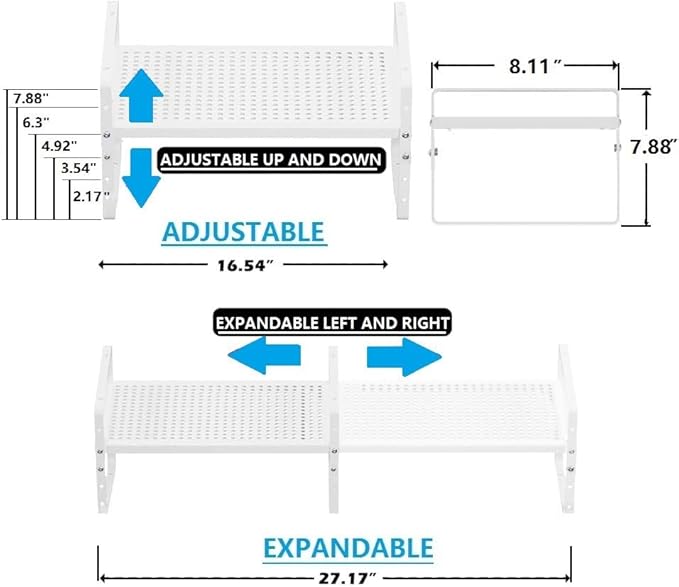 Expandable Spice Rack, Stackable Metal Pantry Storage Shelves Stand, Adjustable Height Cabinet Shelf Organizer Racks(2PACKS/WHITE,MEDIUM)
