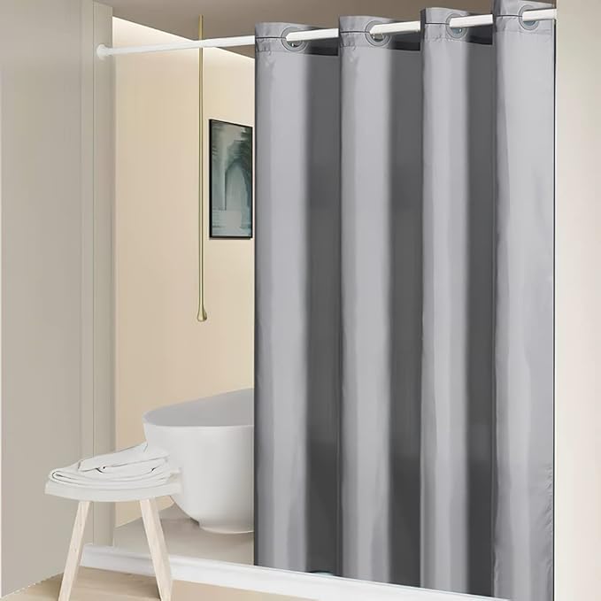 Furlinic No Hooks Needed Shower Curtain or Liner,Polyester Fabric Bathroom Curtains with 10 Split Grommets,Waterproof & Machine Washable,Light Grey,Standard Size,72x72 Inch