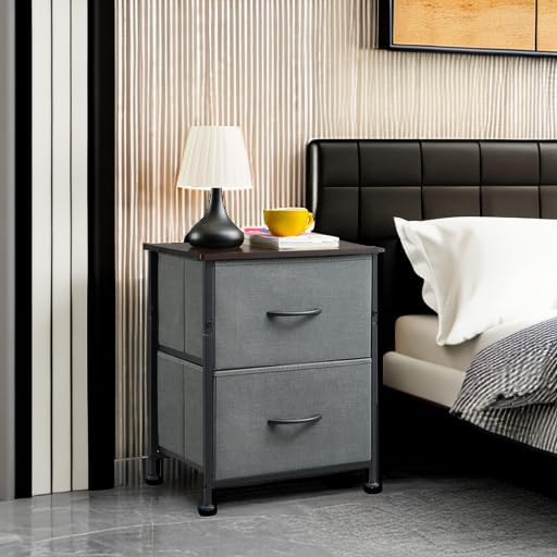Somdot Nightstand with 2 Drawers, Bedside Table Small Dresser with Removable Fabric Bins for Bedroom Nursery Closet Living Room - Sturdy Steel Frame, Wood Top, Pull Handle - Charcoal Grey