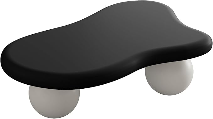 40 Inch Cloud Shaped Coffee Table with 3 Ball Legs for Living Room Black Top White Legs