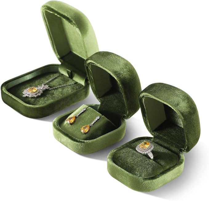 Resilient Velvet Ring Earrings Bracelet Necklace Display Box, Travel Mini Jewelry Organizer Case (Green, Earrings Box)