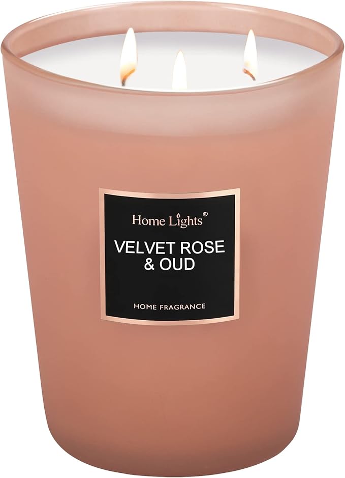 HomeLights Scented Candles | Large Jar Candle-33.3 Oz. Natural Soy Aromatherapy Candles | Up to 130 Hours Burn Time with 3 Cotton Wicks, Home Decorative Fragrance Candles Gift - Velvet Rose Oud