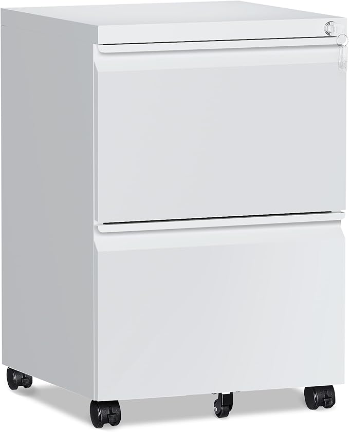 2 Drawer File Cabinet，Mobile Filing Cabinet with Lock and Wheels，Un-Assembled Metal Under Desk File Cabinets for A4/Letter/Legal Size（White