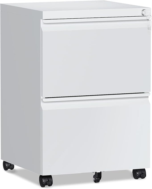 2 Drawer File Cabinet，Mobile Filing Cabinet with Lock and Wheels，Un-Assembled Metal Under Desk File Cabinets for A4/Letter/Legal Size（White