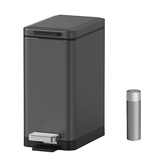 Mbillion Bathroom Trash Can with Lid Slim Stainless Steel Small Bathroom Garbage Can 10 Liter, 2.6 Gallon Soft Close, Step Pedal, Slim Wastebasket for Toilet, Office, Bedroom,Dark Grey