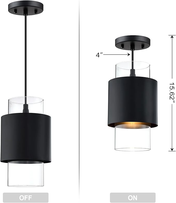 1 Light Hanging Indoor Kitchen Island Pendant Light 6" Drum Glass Shade Pendant Ceiling Light Fixtures Modern Farmhouse Dinning Over Sink (Black Finish, 2 Pack)