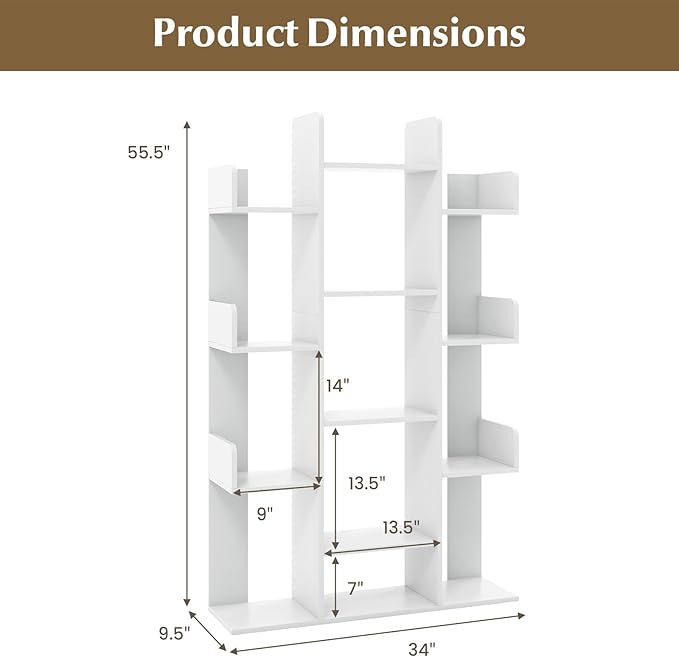Tangkula Freestanding Tree Bookshelf, Corner Storage Organizer with 13 Open Shelves, Decorative Display Cube Shelf for Living Room, Study, Office, 34 x 9.5 x 55.5 Inch (2, White)
