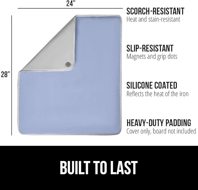GORILLA GRIP Ironing Mat, Portable Iron Pad, Magnetic Cover and Padding for Top of Washer, Dryer, Tabletop, Countertop, Silicone Coating and Scorch Resistant, Travel Size 28 x 24 in, Blue