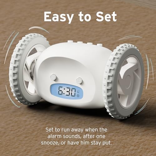 CLOCKY Extra Loud Alarm Clock for Heavy Sleepers on Wheels Rolls Runs Away Vibrating, Easy to Set Super Smart Snooze Digital Bed Shaker Alarm Clock Funny Gift for Adults Kids Teens Bedrooms (White)