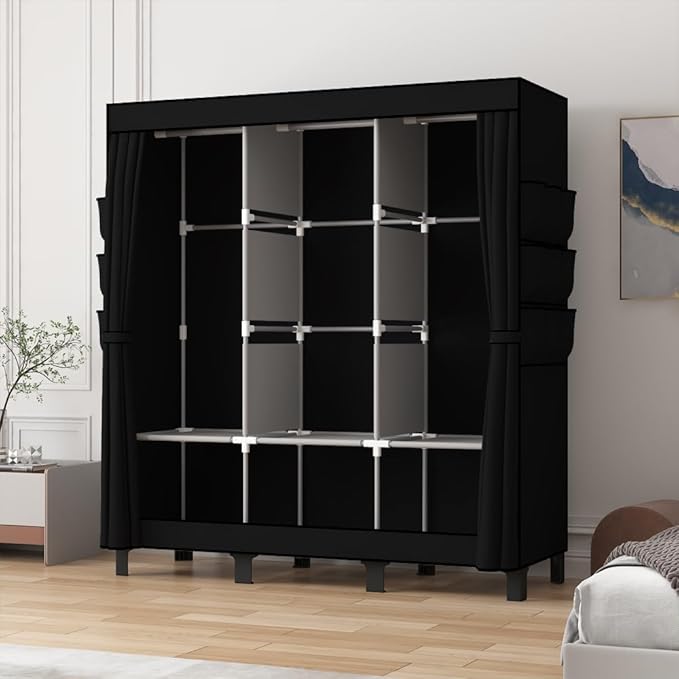 Portable Closet, Clothes Storage Box, Simple Wardrobe for Hanging Clothes, Multiple Shelves and 3 booms,6 Side Pockets (Black)” (Black, Large)