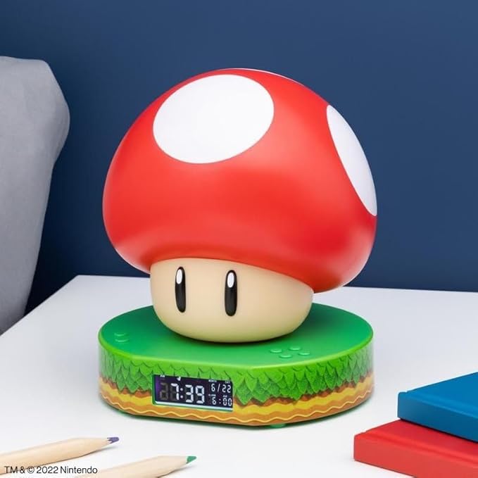 Paladone Super Mario Bros Mushroom Digital Alarm Clock with Power Up Game Sound and Night Light Glow, Licensed Nintendo Lamp for Kids Themed Bedroom and Bedside - 13.7 cm