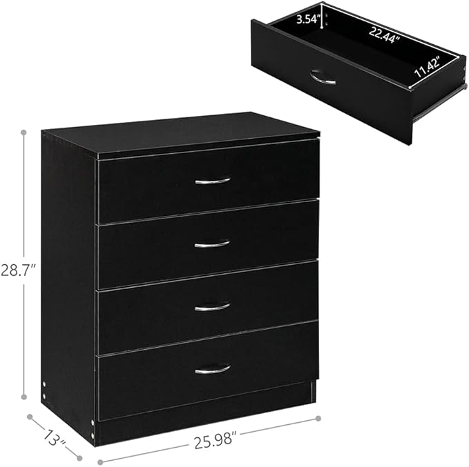 Black Night Stand, Bedside Table/Nightstand with 4 Drawers, Compact Side Table for Bedroom, College Dorm & Living Room, Wooden End Table Bedroom