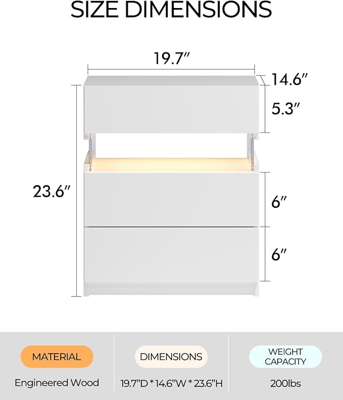 Bingoday White Nightstands Set of 2 LED Nightstand White with Gun Drawers Set of 2 Bedside Tables White LED Lights for Bedroom White