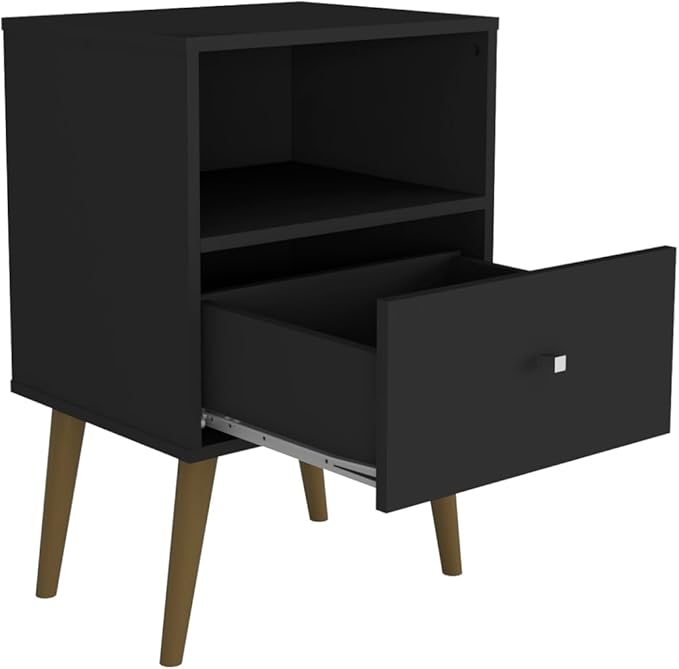 Manhattan Comfort Liberty Mid Century Modern Nightstand with Drawer and Cubby, Bedside Table for Bedroom and Living Room, Night Stand Accent Decor, Easy Assembly, Black