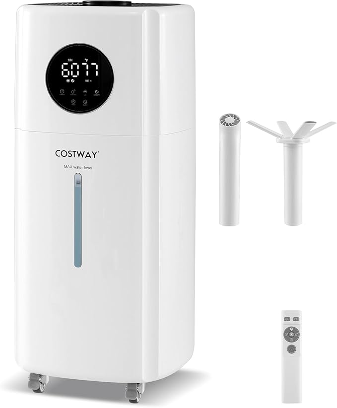 COSTWAY 21L Humidifier for Large Room, 5Gal Whole House Ultrasonic Humidifier with 3 Mist Levels, Extension Tube, 360° Nozzles & Remote Control, Top Fill Commercial Humidifier with Wheels for Home