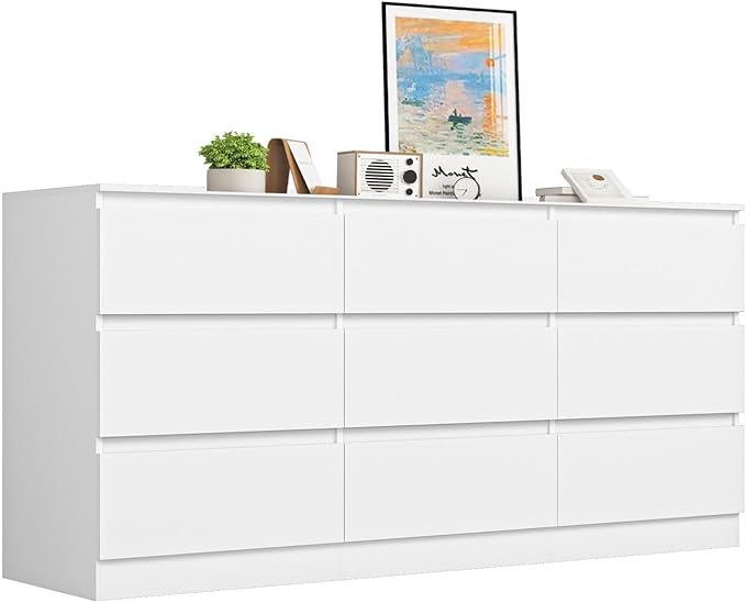 White Dresser for Bedroom, Long 9 Drawer Dresser with Deep Drawer,Modern Wide Wood Storage Chest of Drawer, Bedroom Storage Furniture,TV Stand for Living Room