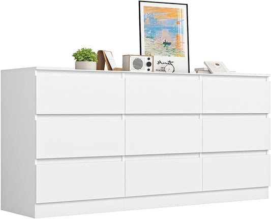 White Dresser for Bedroom, Long 9 Drawer Dresser with Deep Drawer,Modern Wide Wood Storage Chest of Drawer, Bedroom Storage Furniture,TV Stand for Living Room