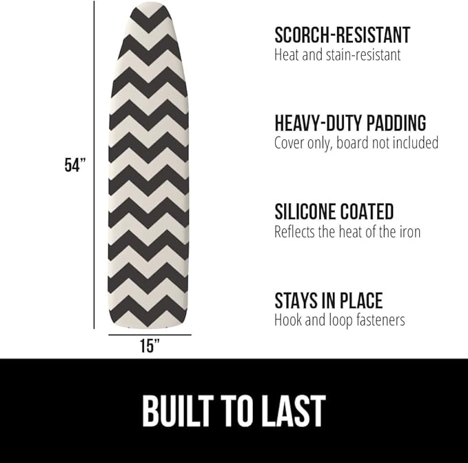 The Original GORILLA GRIP Ironing Board Cover and Pad, Silicone Coating, Thick Scorch Resistant Padding, Heavy Duty Iron Covers Standard Boards, Hook and Loop Fastener Strap, Chevron, 15x54