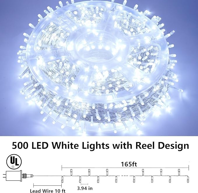 QITONG 165ft 500 LED White String Lights Outdoor Waterproof, 8 Modes Christmas Light Plug-in, Clear Wire Christmas Tree Light Indoor