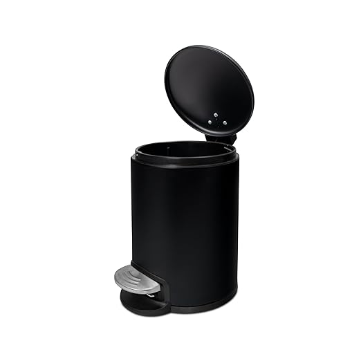 ACENTO 0.65 Gal Round Bathroom Trash Can with Lid – Soft Close Step Pedal Waste Bin & Removable Inner Liner – Stainless Steel Garbage Can for Bathroom, Bedroom, Dorm, Office – Matte Black