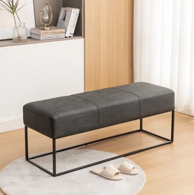 Entryway Bench for Bedroom End of Bed, Modern Ottoman with Faux Leather Upholstered Seating, Metal Frame Leather Bench for Bedroom Living Room Entryway [47'', Vintage Black]