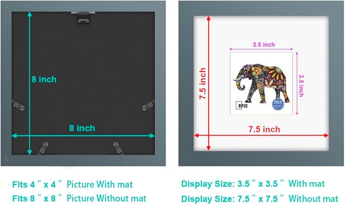 RPJC 8x8 Soild Wood Picture Frame with High Definition Glass Display Picture 4x4 with Mat or 8x8 Without Mat for Wall Mounting Hanging Photo Frames Grey