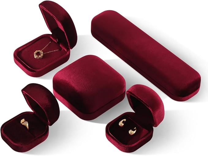 Resilient Velvet Ring Earrings Bracelet Necklace Display Box, Travel Mini Jewelry Organizer Case (Red, Earrings Box)