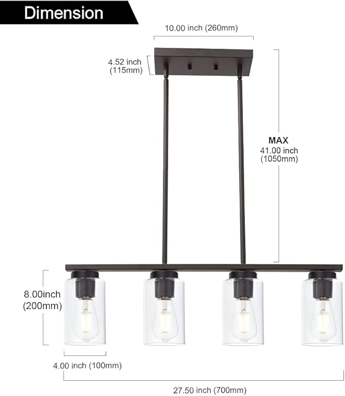 Farmhouse Dining Room Chandelier 4-Lights Kitchen Island Light, Clear Glass Pendant Lighting Fixtures in Oil Rubbed Bronze