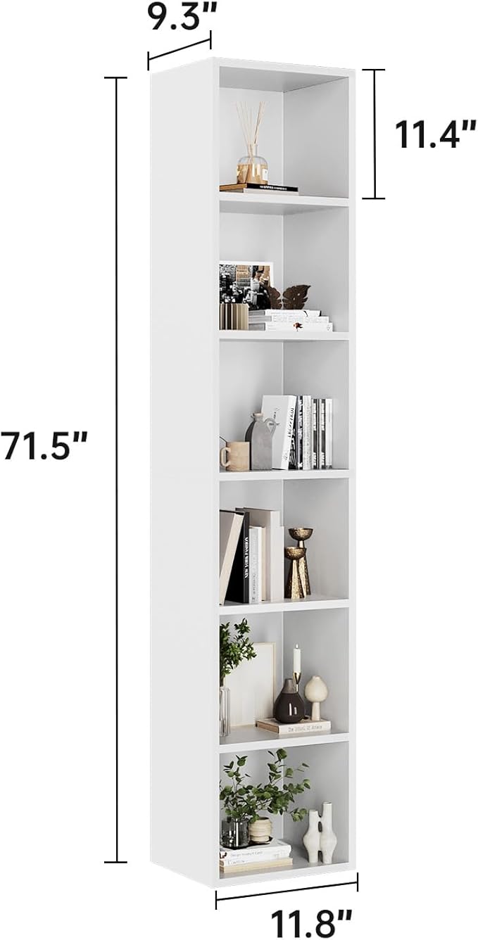 oneinmil 71.5" Tall Narrow Bookshelf, 6-Tier Cube Display Rack, Modern Corner Bookshelf with Storage Space, CD Storage Cabinet for Home Office (White 1 Pack, 6-Tier)