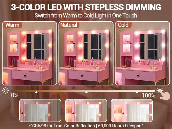 Vanity Desk with Mirror and Lights, Makeup Dressing Table w/Adjustable Bulbs, Outlets & USB Ports, Sturdy MDF Top & Metal Leg, Smart Storage Drawers & Cabinets for Bedroom