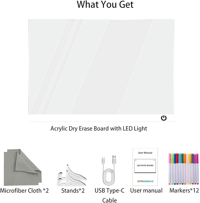Acrylic Dry Erase Board with Light 11.8"x8.5" Light up Dry Erase Board Brightness Adjustable as Glow Memo LED Letter Message Note Board with Stand Led White Board with 12 Pen for School Home (White)