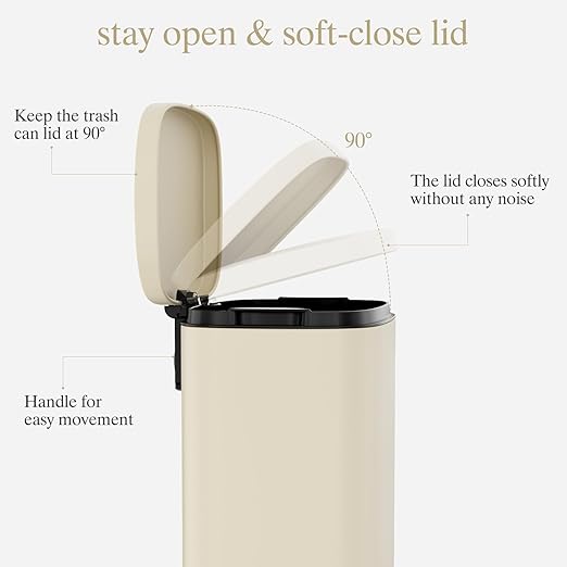 AthLike Trash Can, Stainless Steel Kitchen Garbage Can, Step Waste Bin with Hinged Lid and Removable Inner Bucket, Soft-Close, Dustbin for Bathroom Bedroom Living Room Home (Beige, 8 Gal)
