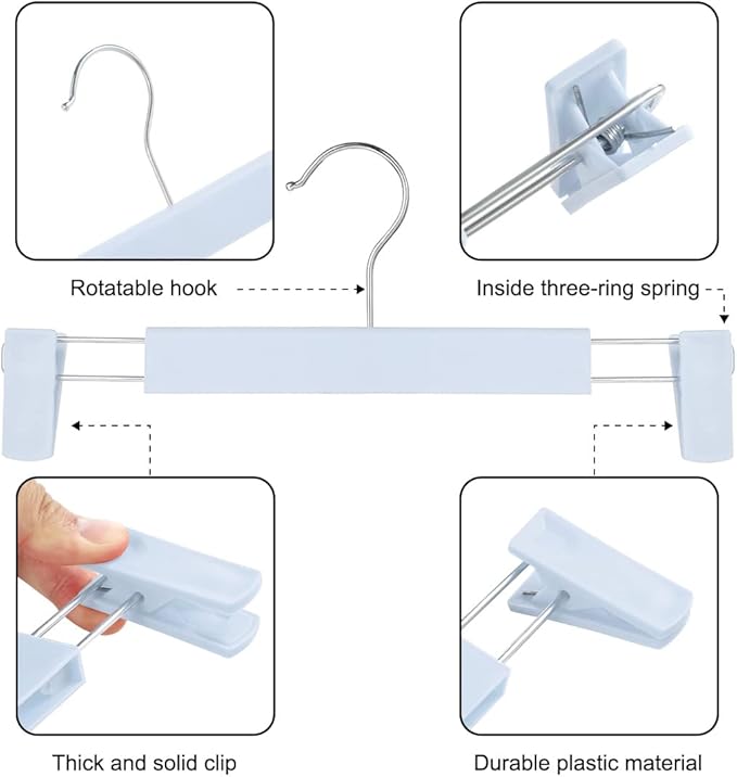 Clothes Pants Hangers, Space-Saving Skirt Holders with 360 ° Swivel Hooks, Adjustable Clips, Trouser Hangers, Clothes Coat Garment Jeans Hangers (10 Pack, Blue)