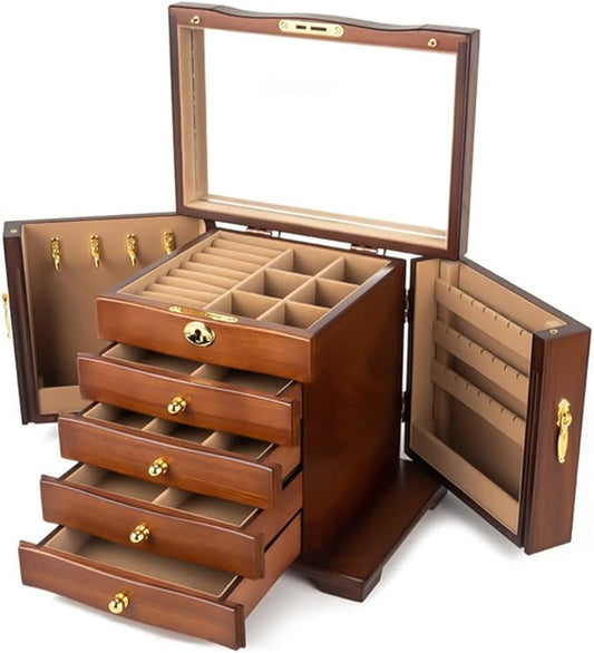 Wooden Jewelry Box for Women, Solid Wood Organizer with Combo Lock for Jewelries, Necklaces, Rings, Vintage Style Storage Box with Mirror (pine wood)