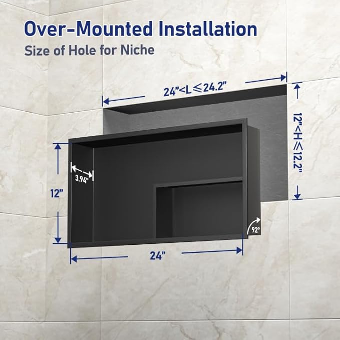 Stainless Steel Shower Niche 12"×24" Matte Black No Tiled Needed Horizontal Niche Shower for Bathroom Wall Recessed Shower Shelf