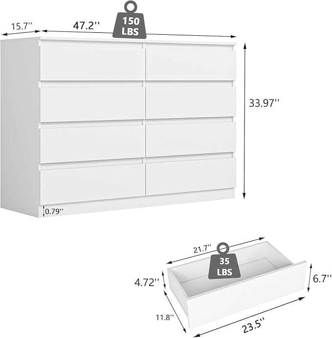 White Dresser for Bedroom,Modern Large 8 Drawer Dresser with Deep Drawer,Wide Storage Chest of Drawer for Closet, Bedroom Storage Furniture,TV Stand for Living Room