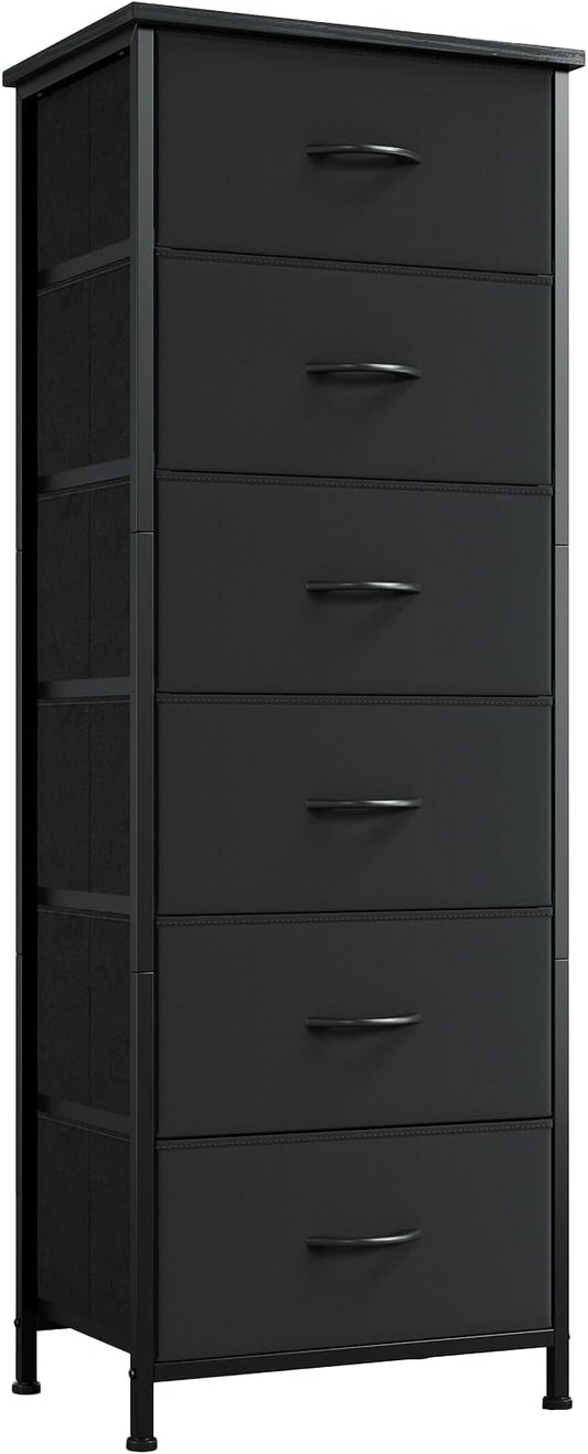 Somdot Tall Dresser for Bedroom with 6 Drawers and Side Pockets, Storage Organizer Chest of Drawers with Fabric Bins for Closet Bedside Nursery Living Room Entryway Hallway, Black