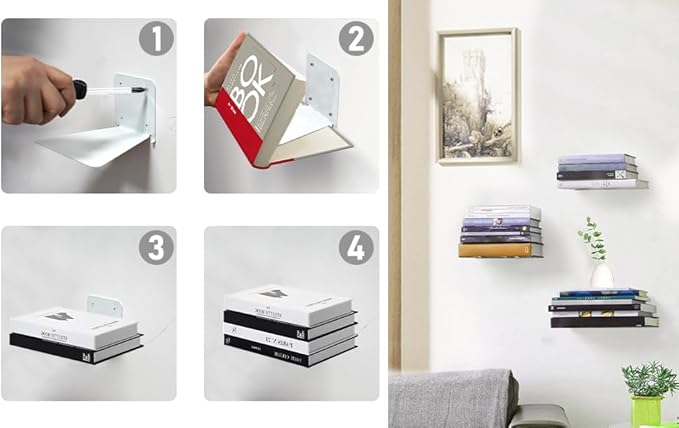 Invisible Floating Bookshelf - Modern White Wall Mount Metal Shelves for Room, Bedroom Bookcase, Small Bookshelf with Minimalist Design, Sleek Storage for Books & Decoratives（4PCS）