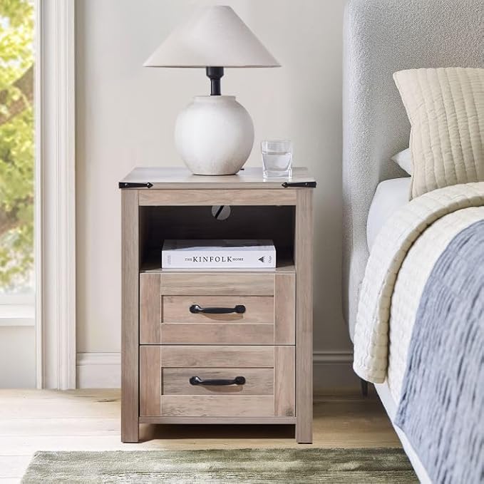 Farmhouse Nightstand with Charging Station & Drawers, Grey Wood Bedside Table, End Table with 2 Storage Drawers & USB Ports for Bedroom, Dorm，Grey
